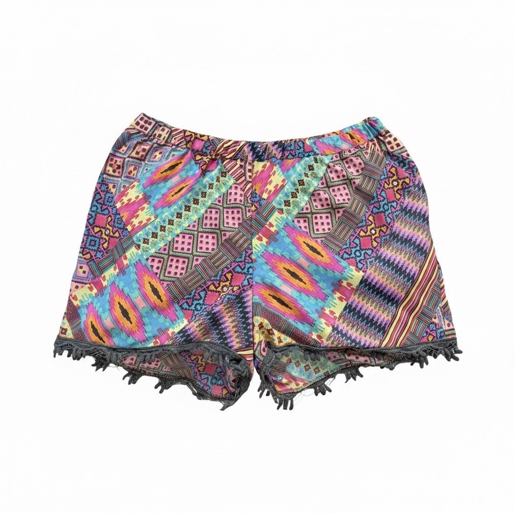 Mix‎ Nouveau New York Geometric Patchwork Shorts Tassel Trim Multicolor Large